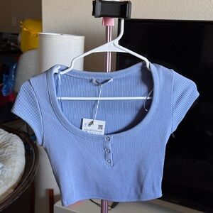 Zara Light Blue Ribbed Knit Top